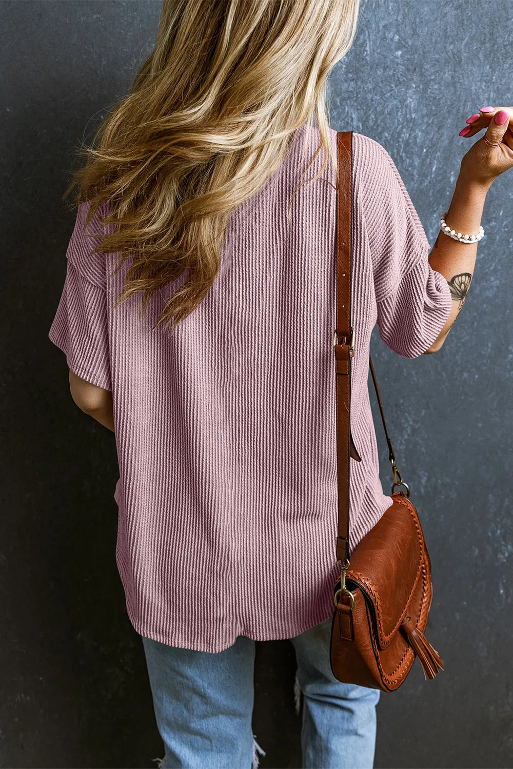Textured V-neck Dropped Shoulder T-shirt (16)