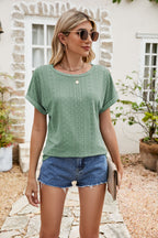 Full Size Round Neck Eyelet Short Sleeve Top (17)