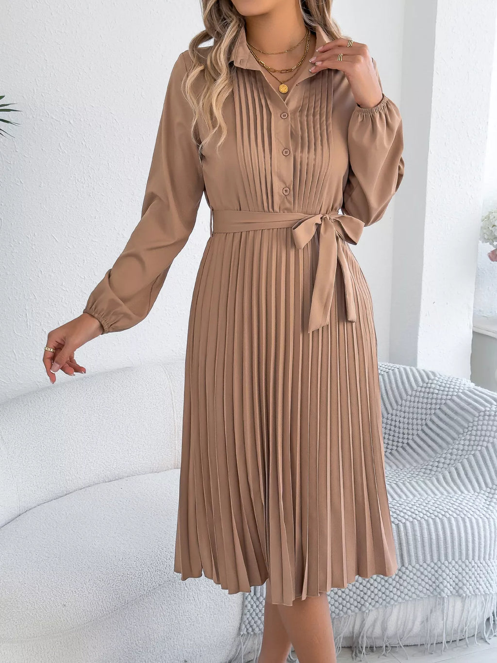 Pleated Tie Waist Balloon Sleeve Dress (2)