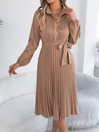 Pleated Tie Waist Balloon Sleeve Dress (2)