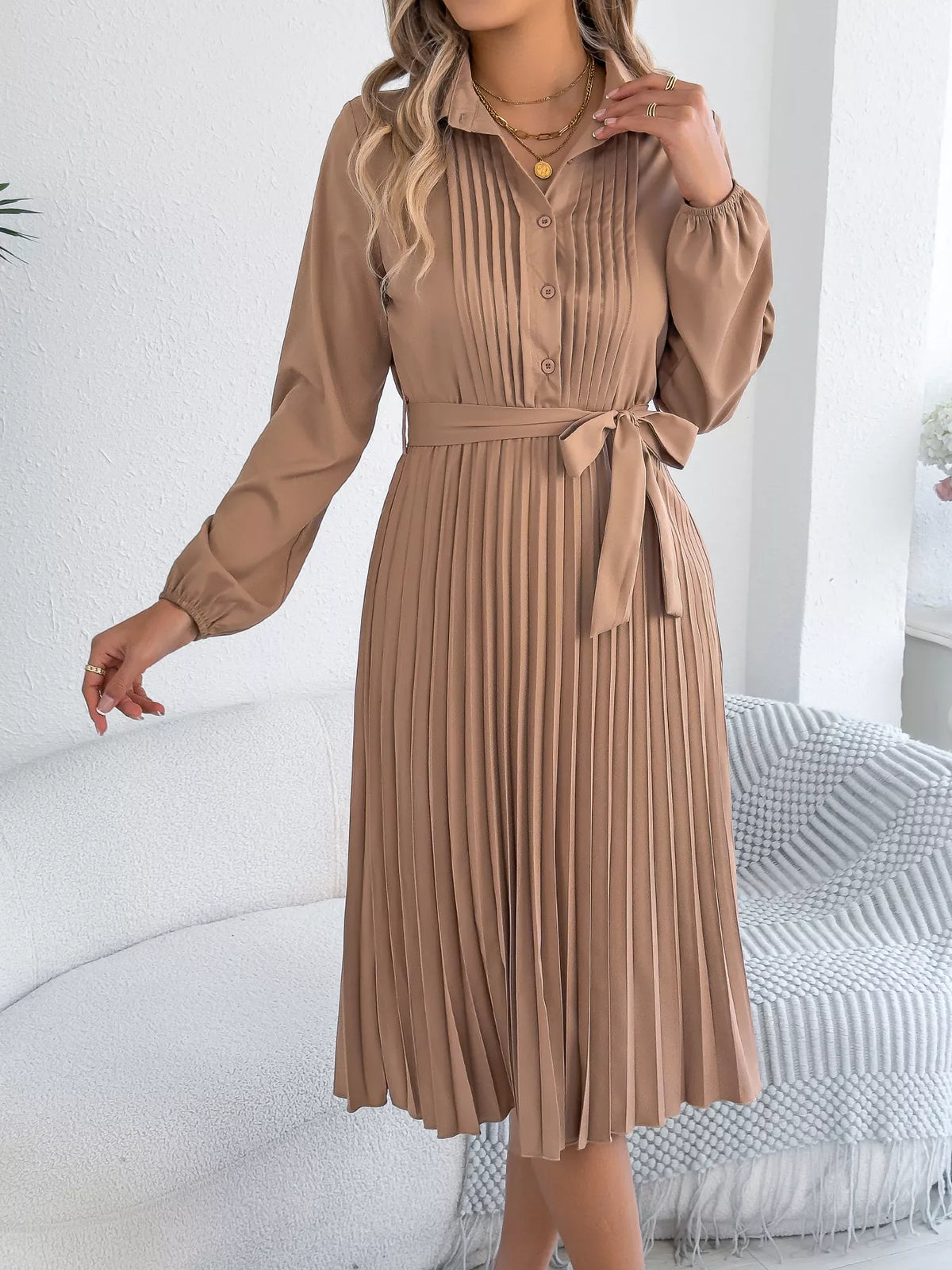Pleated Tie Waist Balloon Sleeve Dress (2)