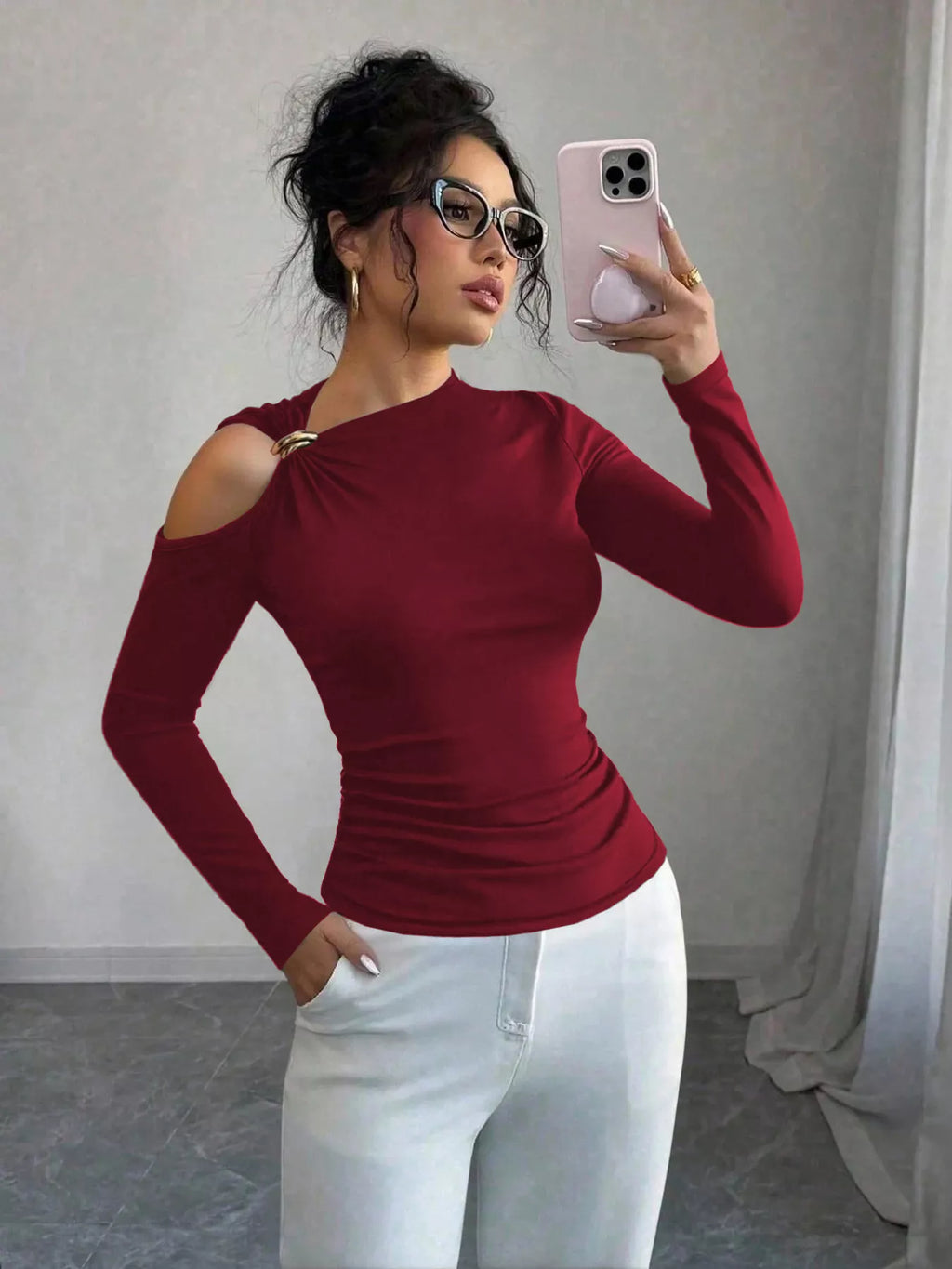 Cutout One-shoulder Long Sleeve T-shirt (10)