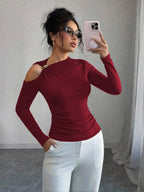 Cutout One-shoulder Long Sleeve T-shirt (10)