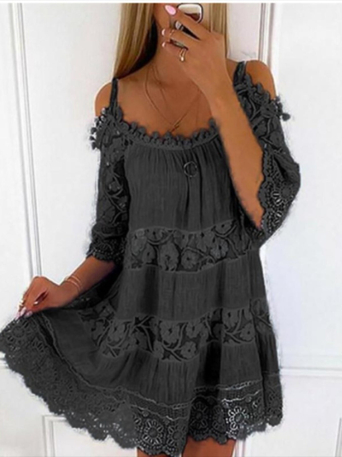 Full Size Bohemian Lace Cold Shoulder Mini Dress Plus (6)