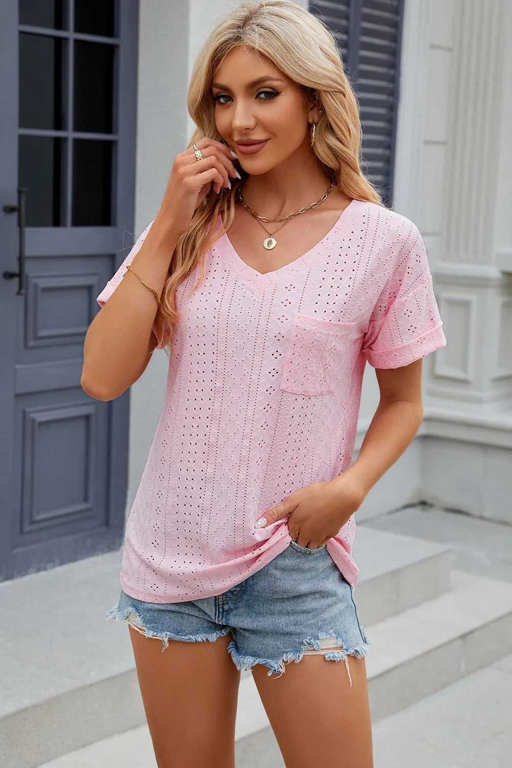 Eyelet V-neck Short Sleeve T-shirt (8)