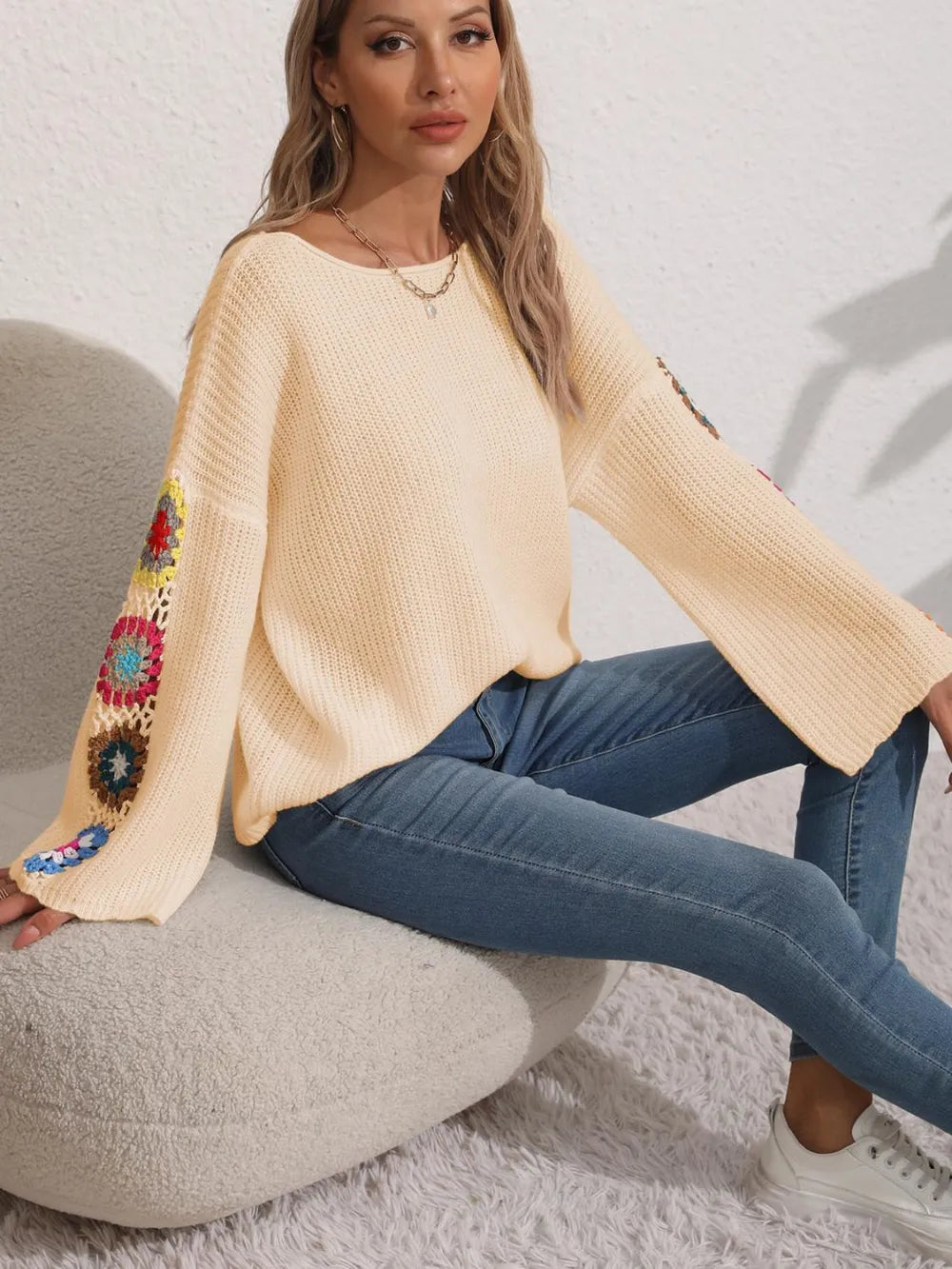 Crochet Flower Long Sleeve Sweater (8)
