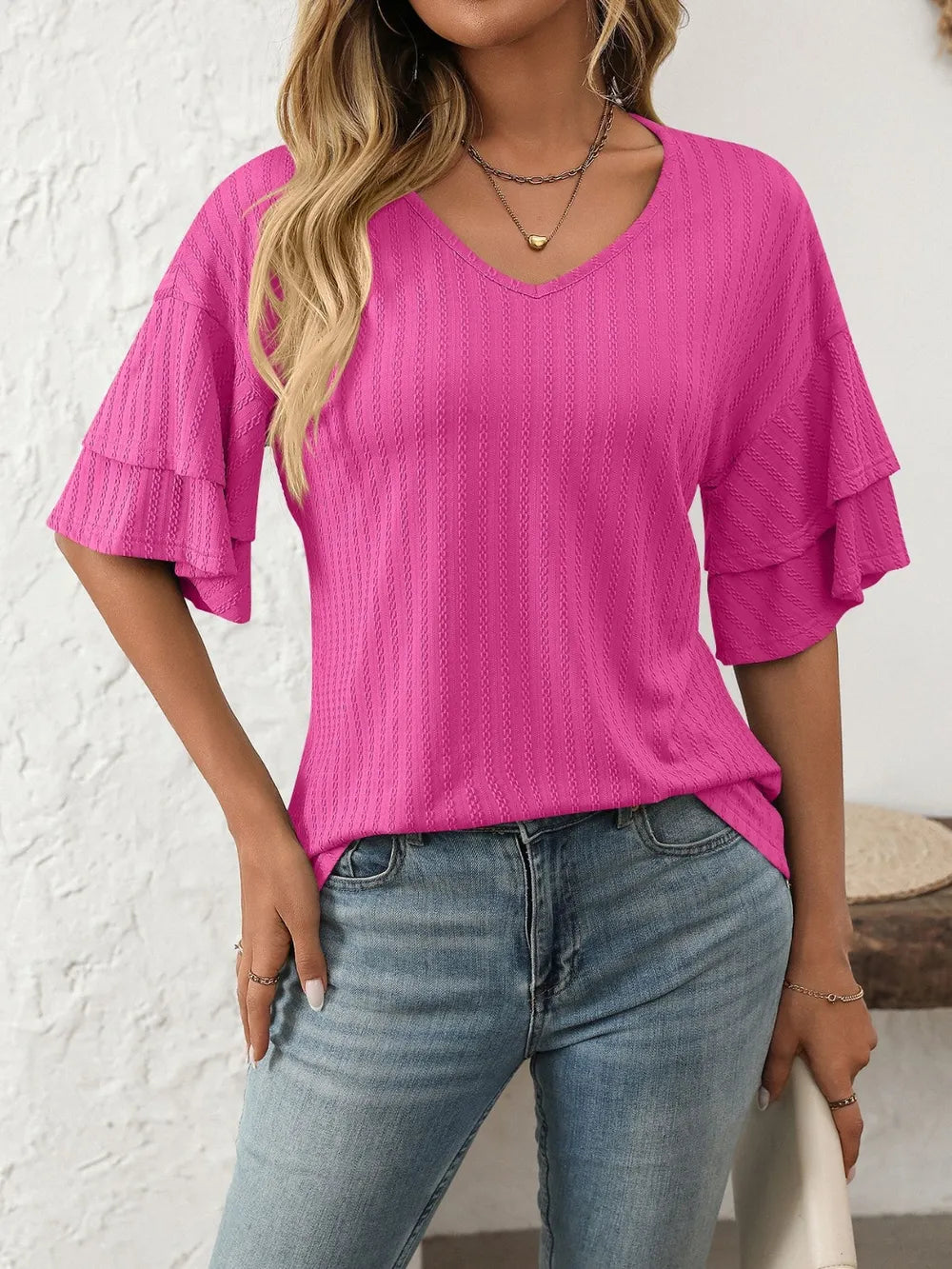 V-neck Ruffle Half Sleeve Top (12)