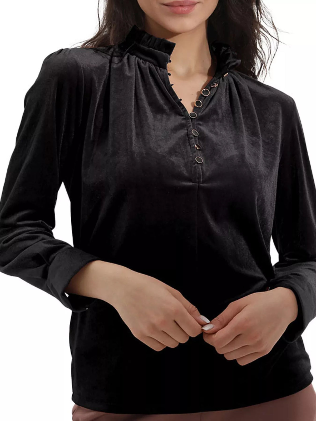 Elegant Velvet Ruffle Neck Blouse (4)
