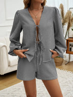 Tied Long Sleeve Top Shorts Set (5)