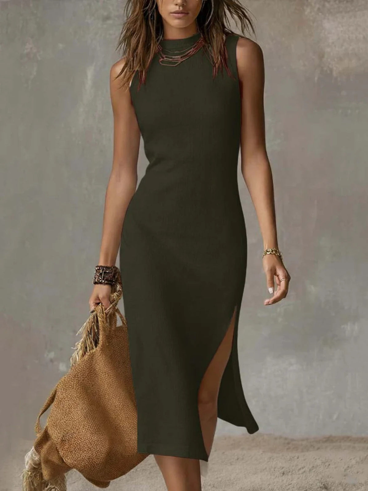 Full Size Sleeveless Mock Neck Slit Midi Dress Plus (6)