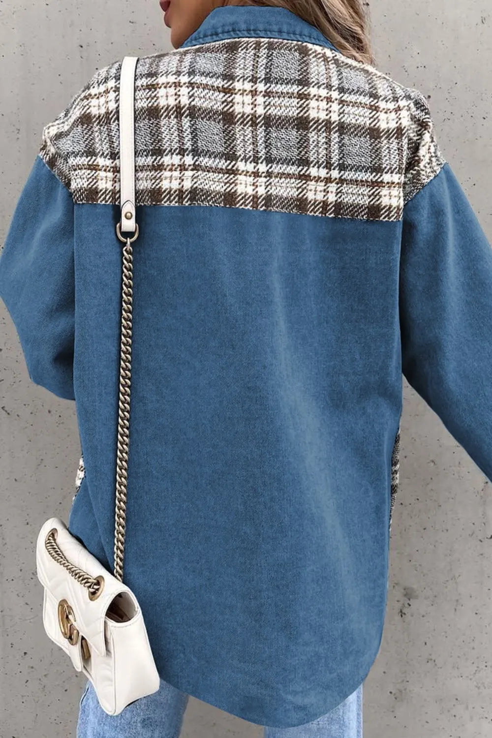 Plaid Pocketed Button Up Denim Jacket (13)