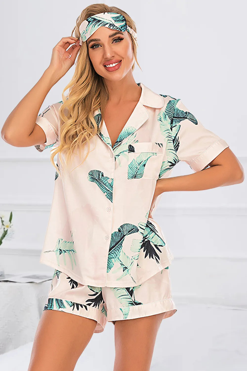 Printed Button Up Short Sleeve Top Shorts Lounge Set (5)