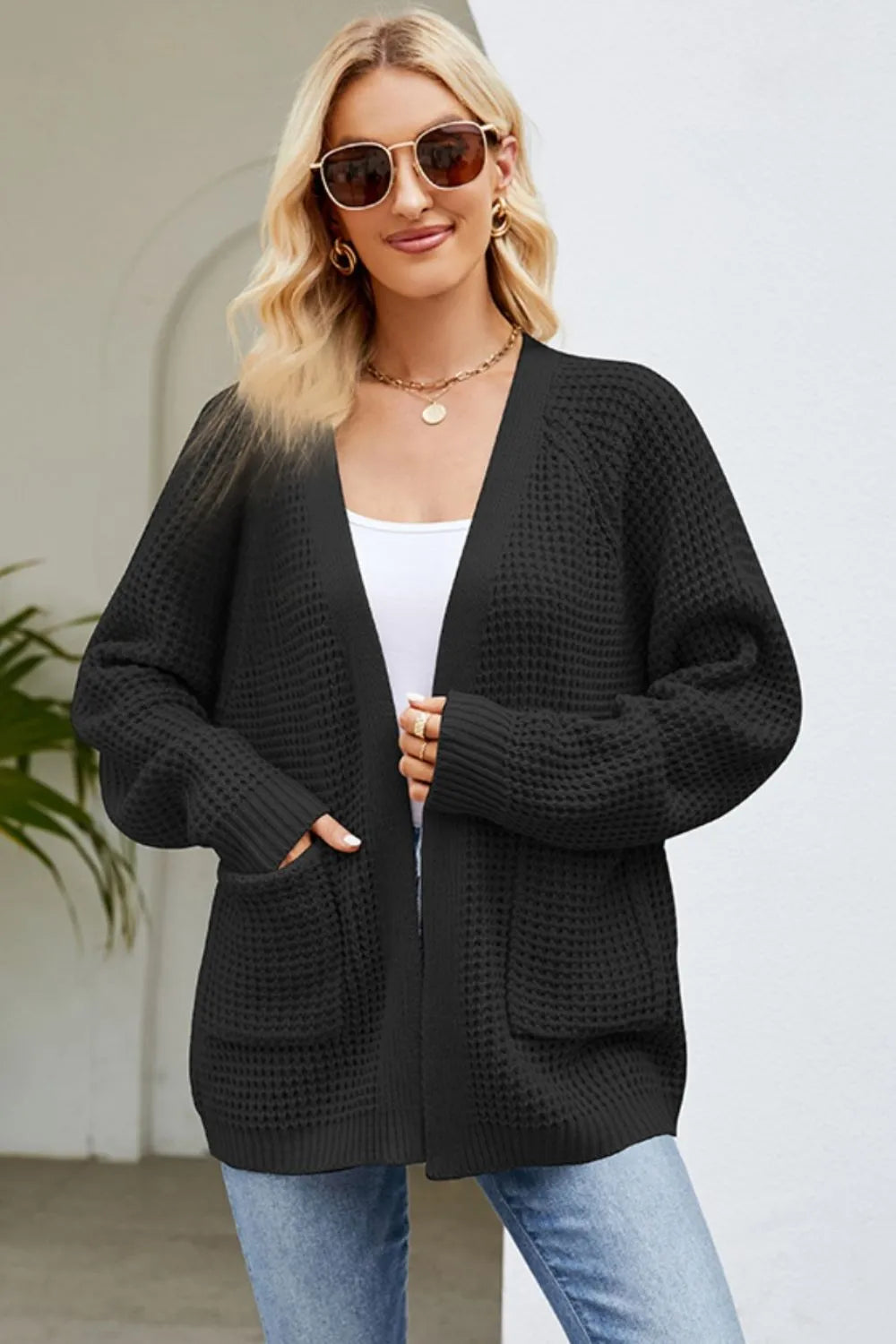 Open Front Raglan Sleeve Pocketed Cardigan (7)