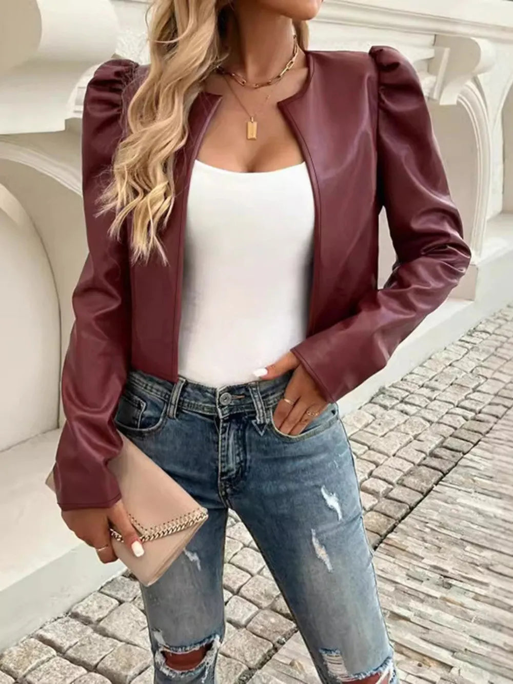 Pu Leather Open Front Puff Sleeve Jacket (10)