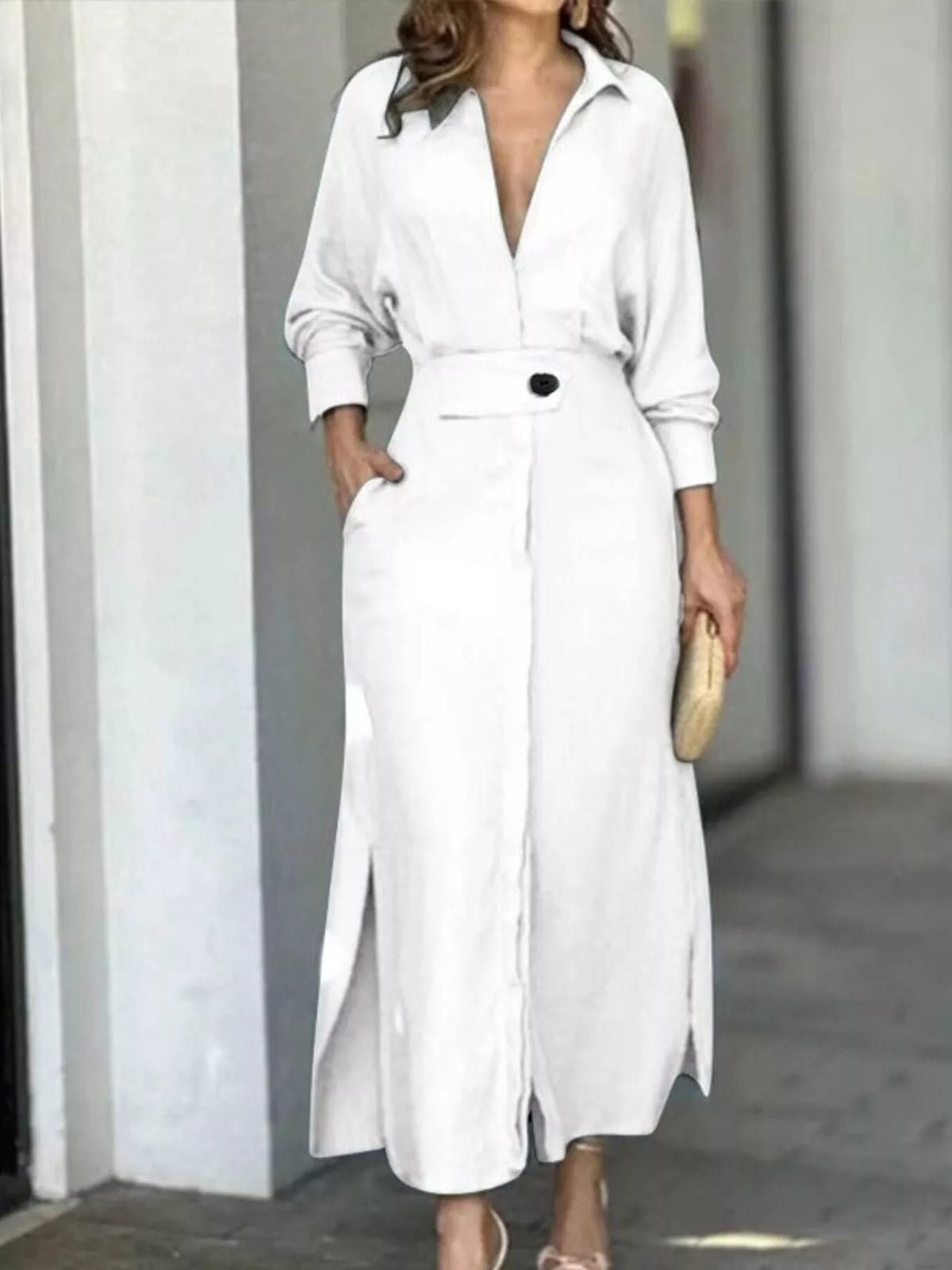 Side Slit Long Sleeve Shirt Dress (8)