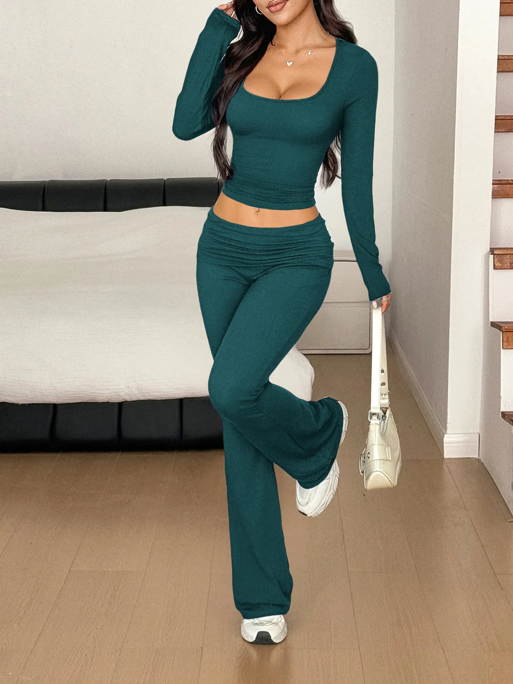 Long Sleeve Crop Top Bootcut Pants Set (17)