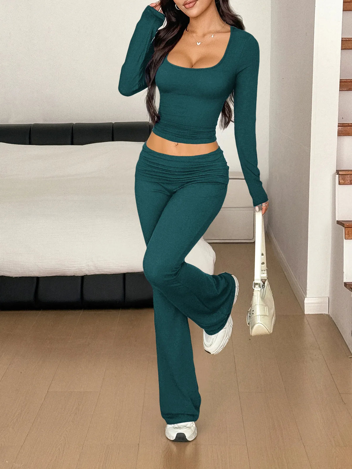 Long Sleeve Crop Top Bootcut Pants Set (17)