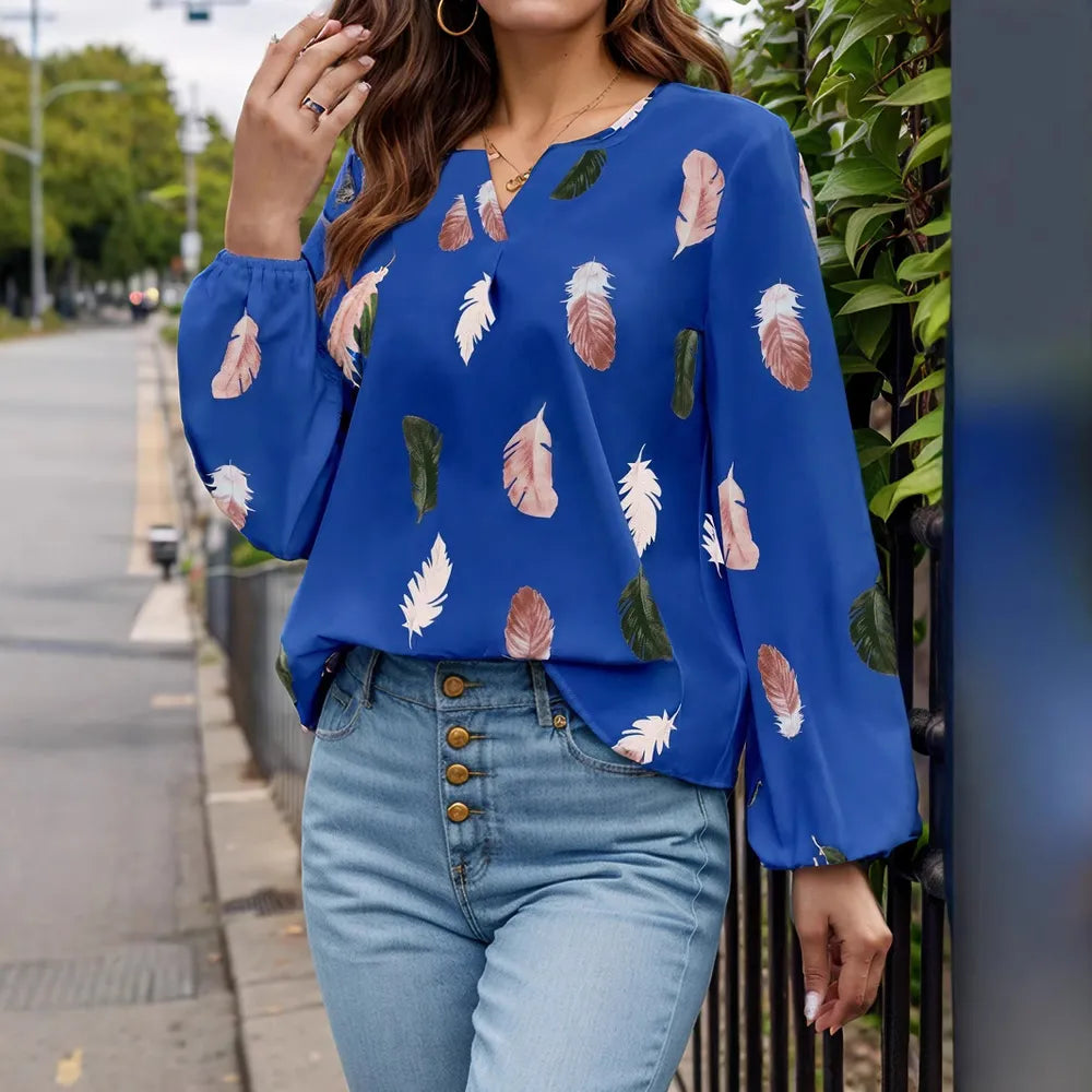 Feather Print Notched Balloon Sleeve Top (10)