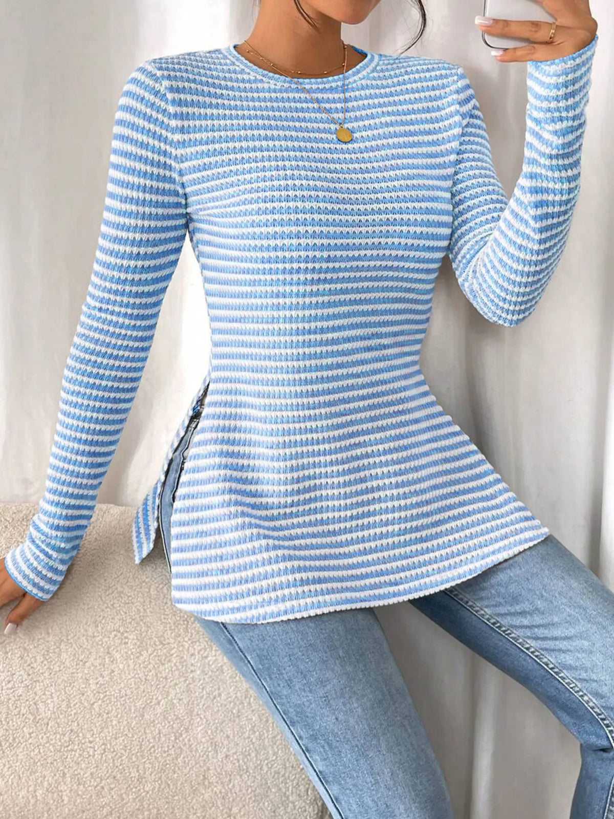 Side Slit Striped Long Sleeve T-shirt (4)