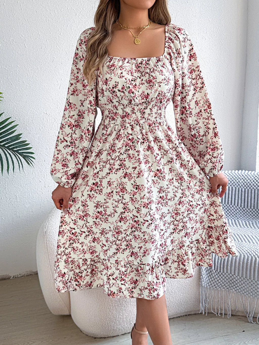 Floral Print Long Sleeve Square Neck Midi Dress (22)