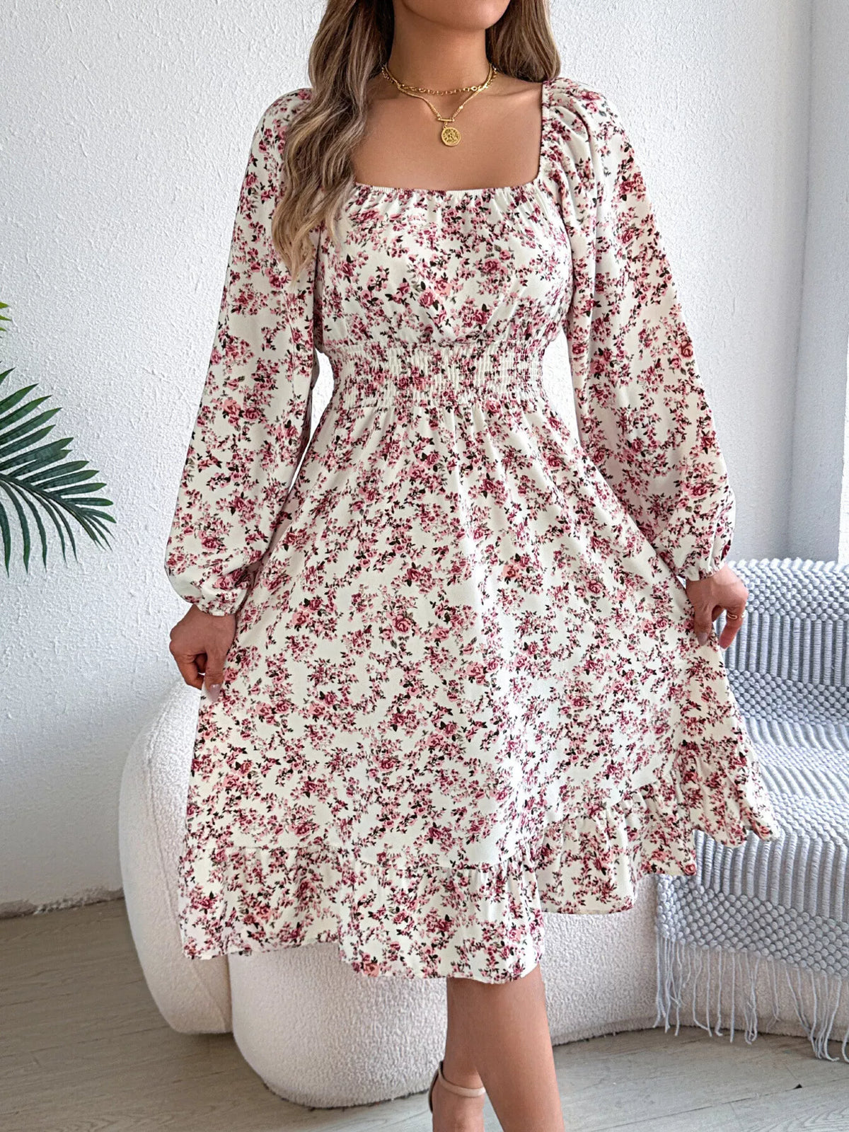 Floral Print Long Sleeve Square Neck Midi Dress (22)