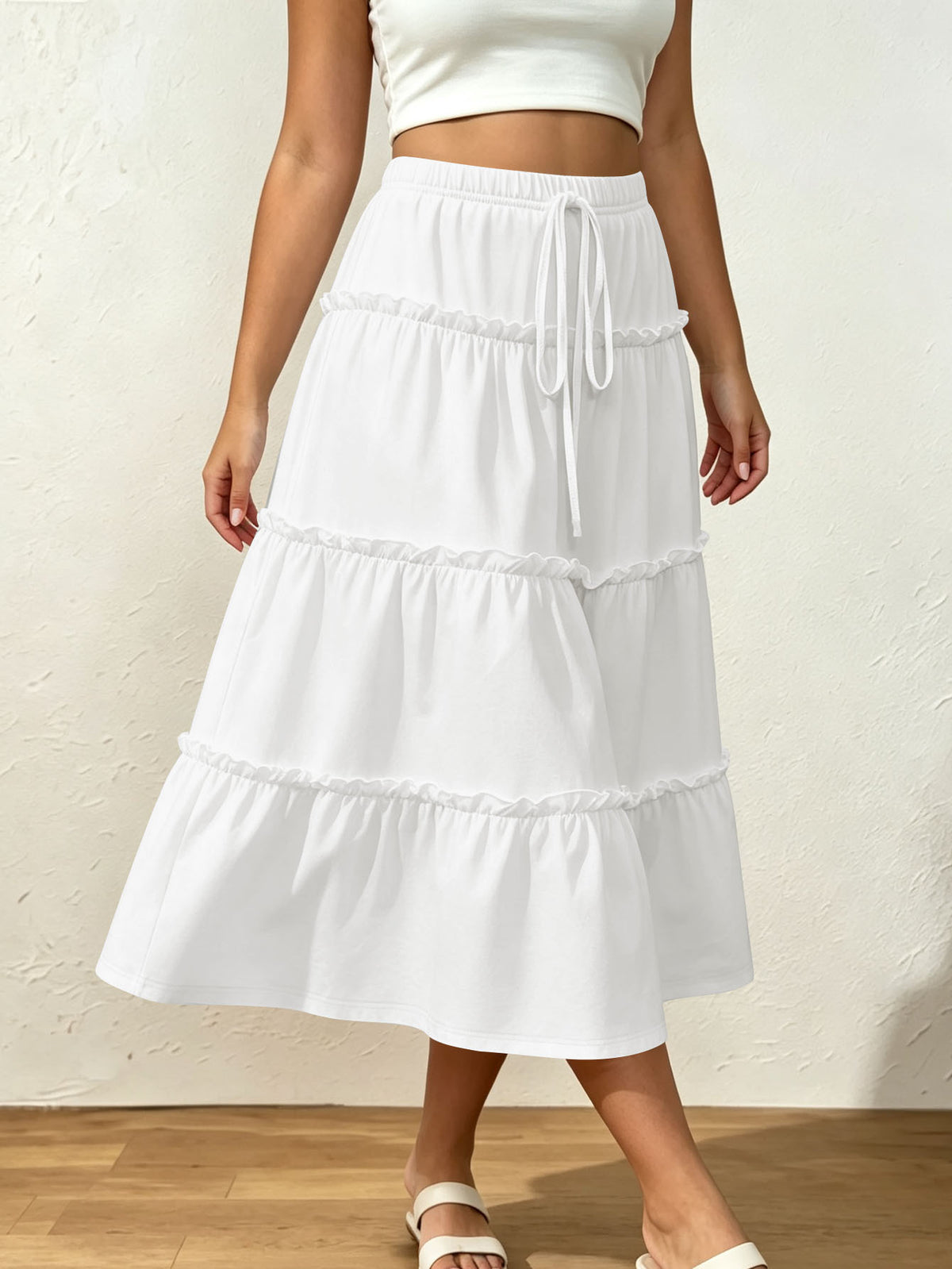 Drawstring Elastic Waist Loose Slimming Midi Tiered Skirt photo 5