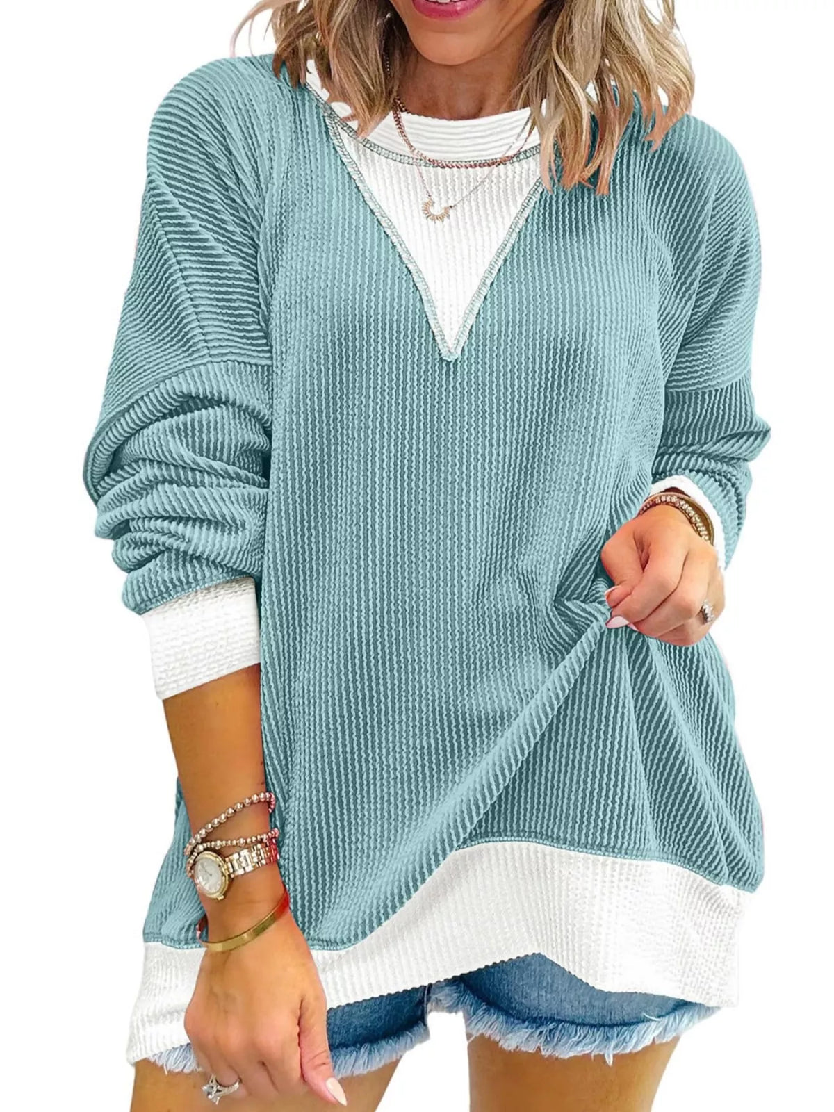 Two-tone Ribbed Knit Sweatshirt (19)