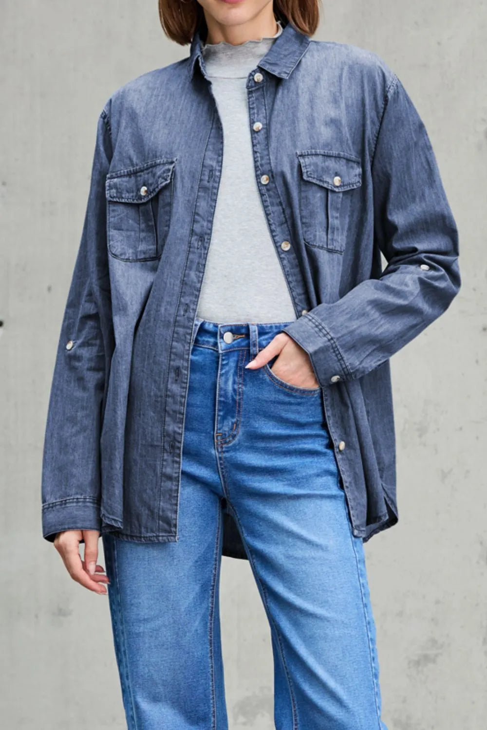 Pocketed Collared Neck Long Sleeve Denim Top (10)