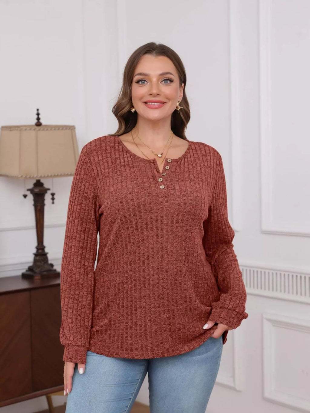 Ribbed Knit Button-front Long Sleeve T-shirt (9)