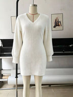 Fuzzy V-neck Long Sleeve Sweater Dress (7)