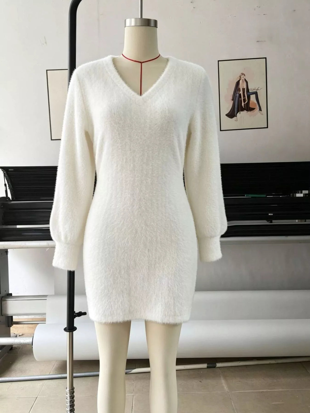 Fuzzy V-neck Long Sleeve Sweater Dress (7)