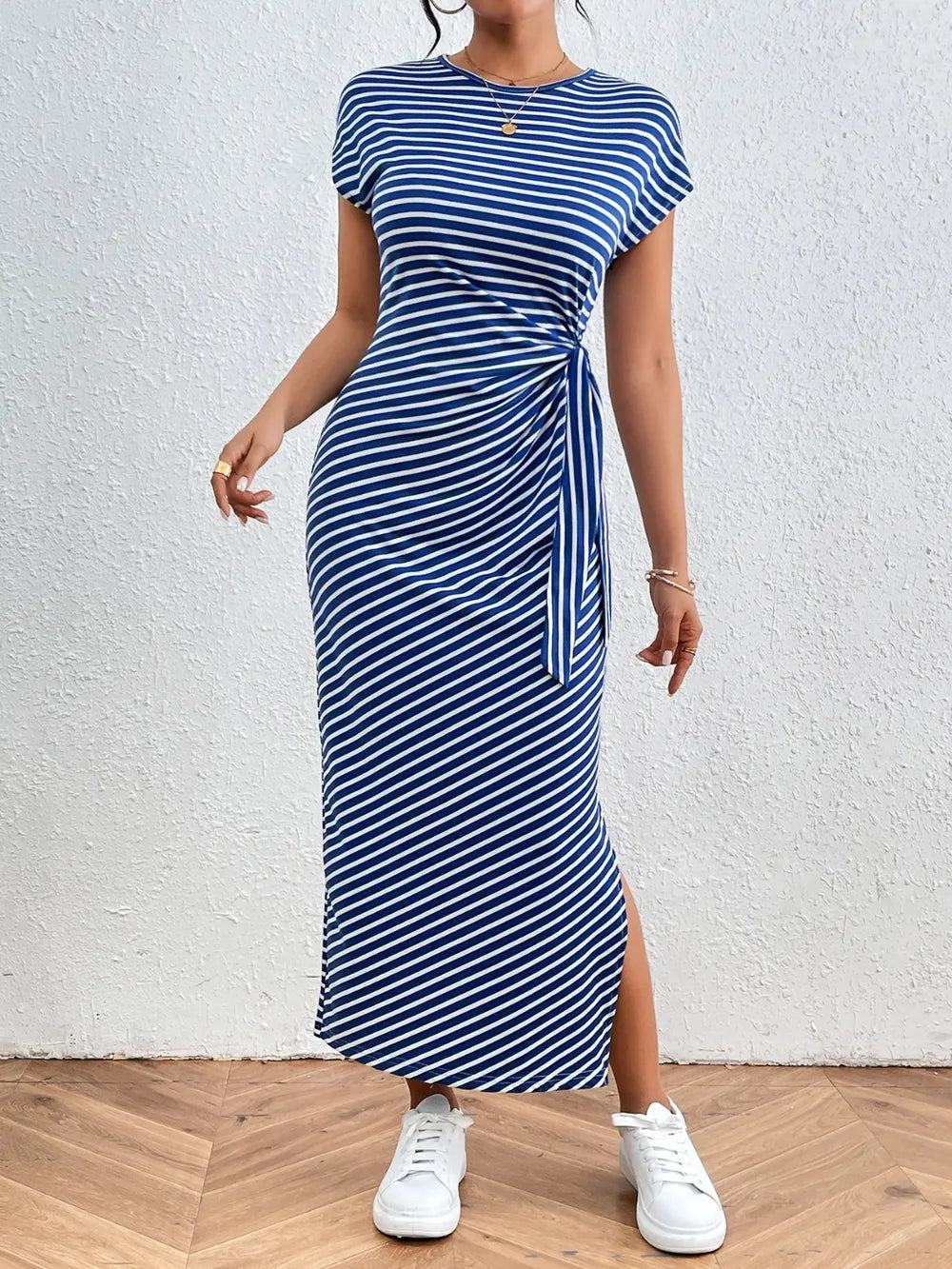 Tied Striped Round Neck Short Sleeve Tee Dress (24)