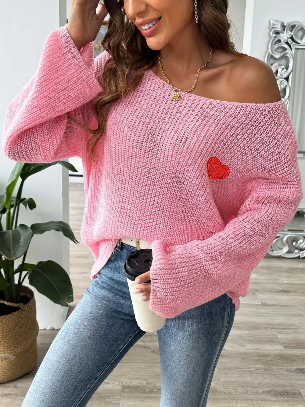 Heart Boat Neck Dropped Shoulder Sweater (10)