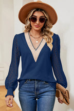 Openwork V-neck Long Sleeve T-shirt (5)