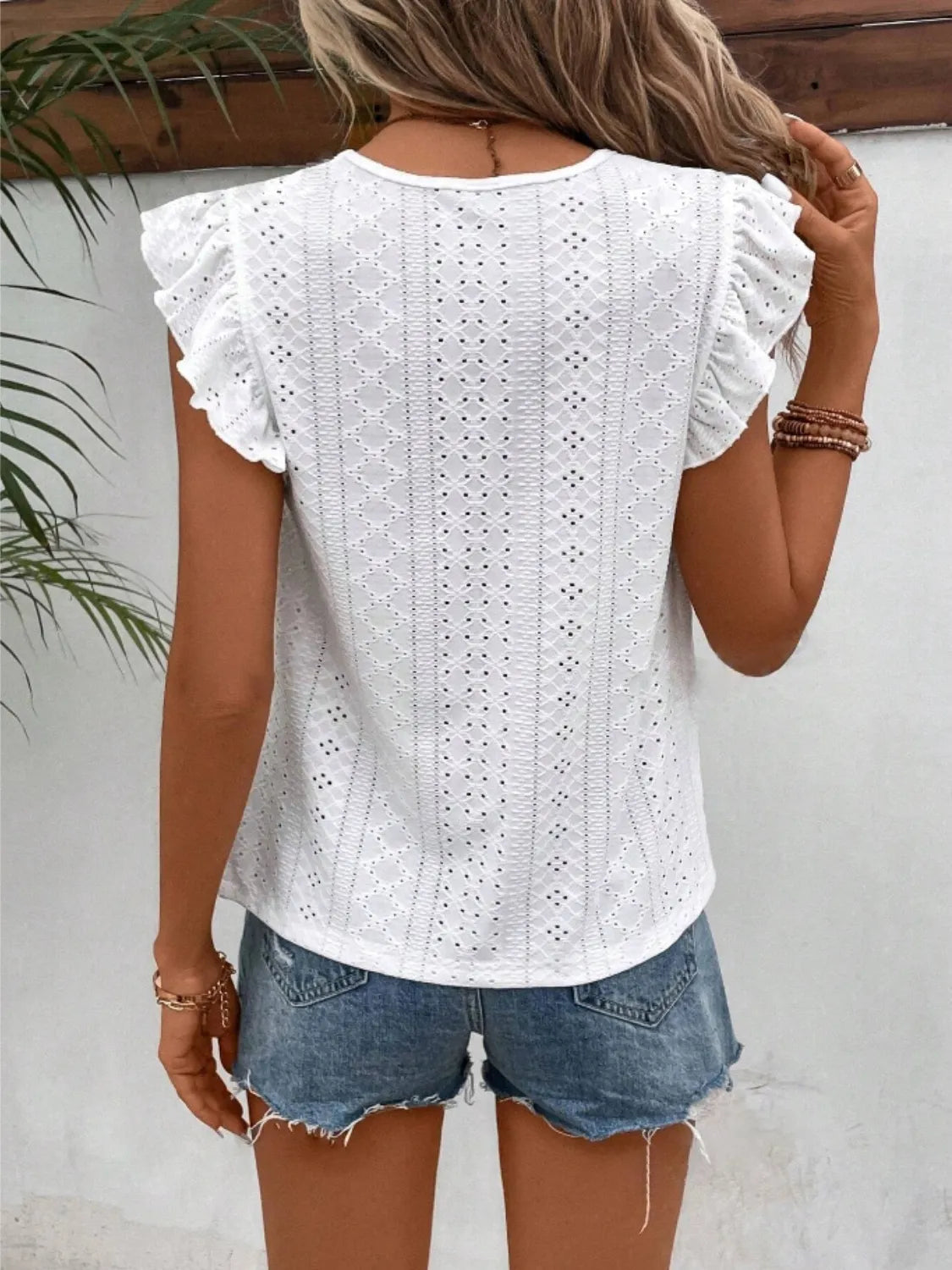 Eyelet Round Neck Cap Sleeve Top (10)