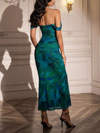 Off-shoulder Ruched Floral Mermaid Dress (3)