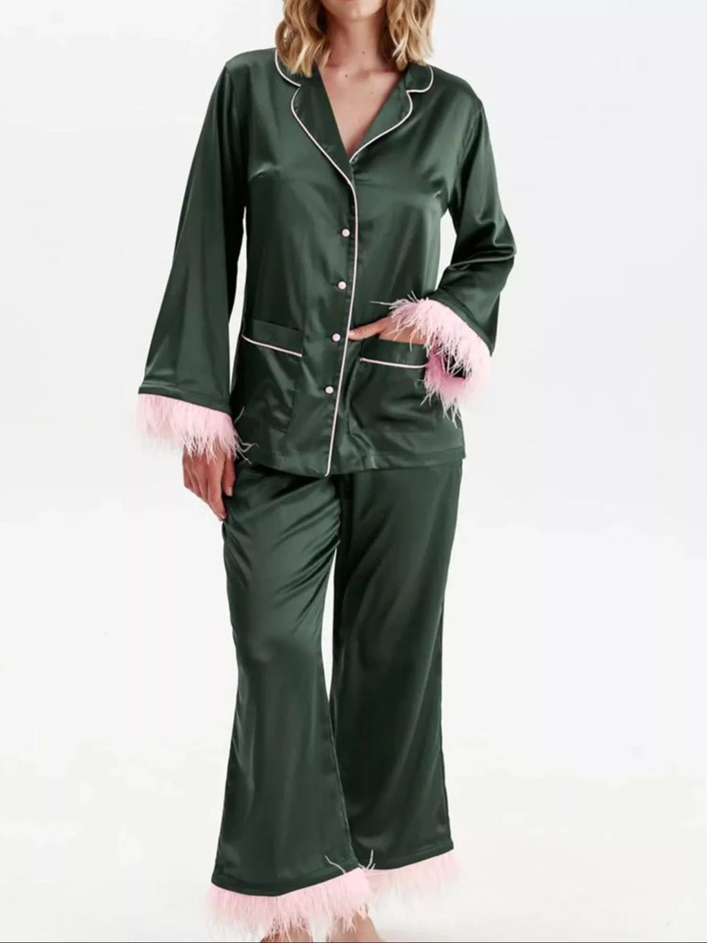 Silky Button Up Top Pants Lounge Set (19)