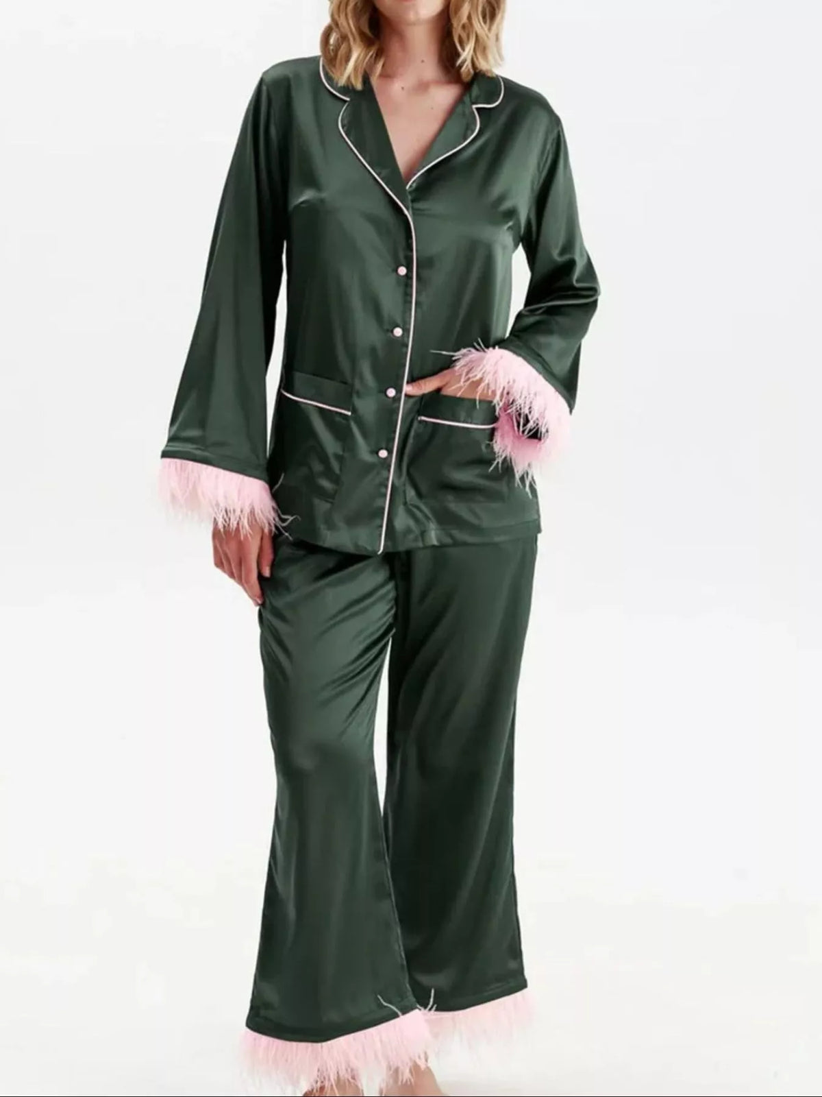 Silky Button Up Top Pants Lounge Set (19)