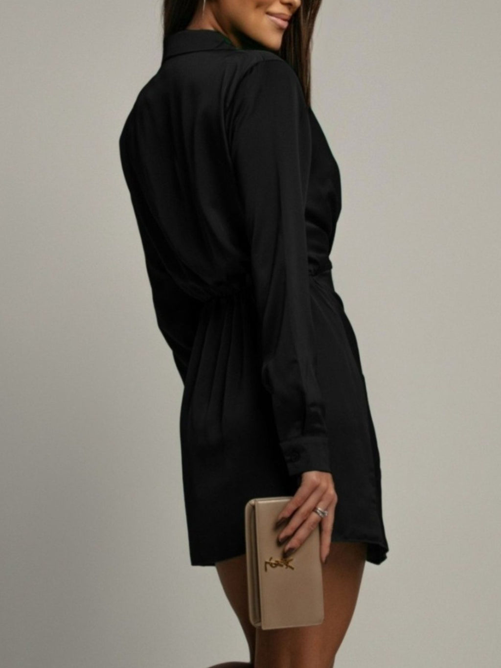 Collared Neck Long Sleeve Satin Dress (3)