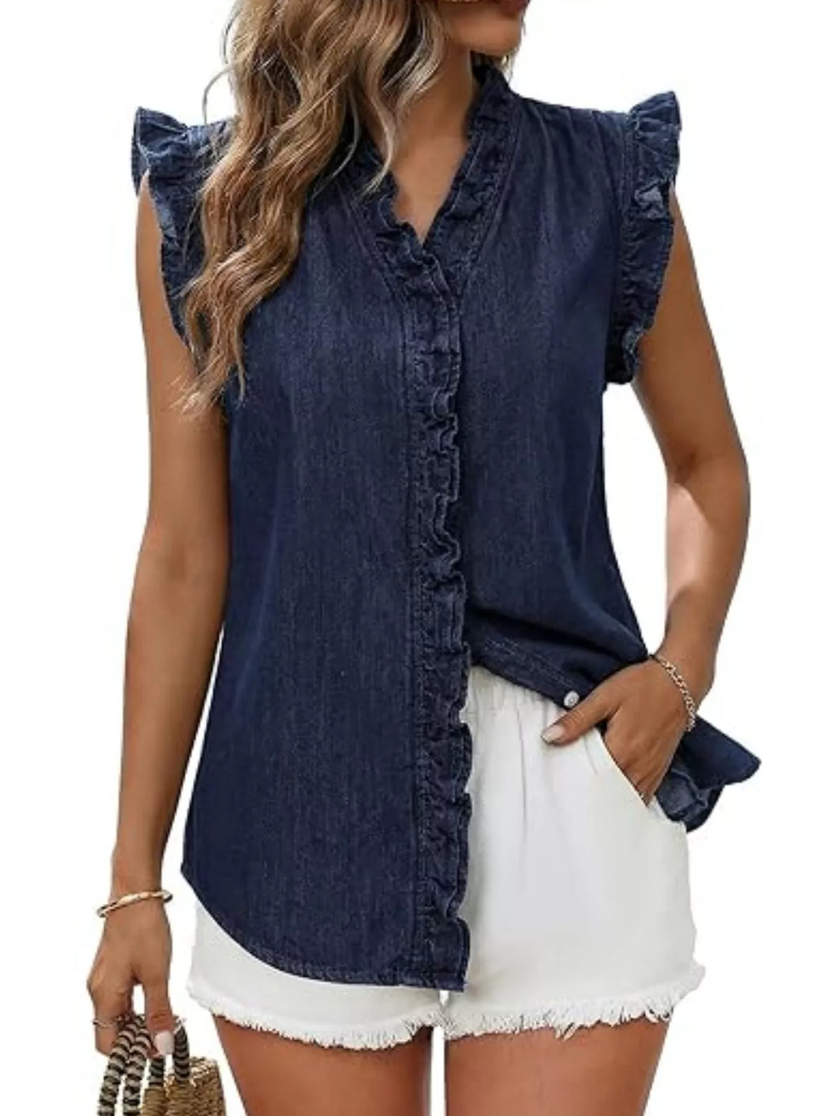 Ruffle Trim V-neck Sleeveless Denim Top (11)
