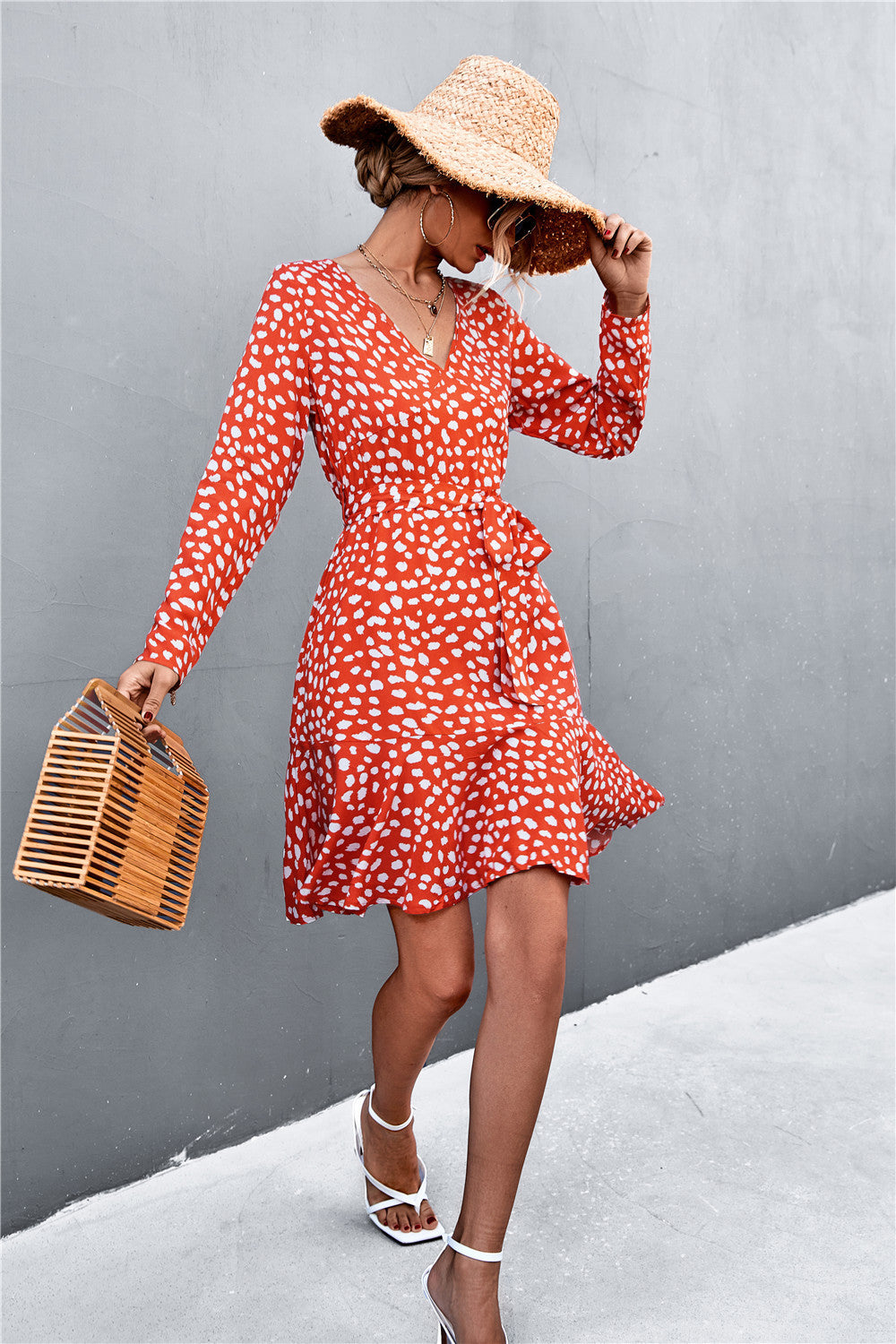 Printed V-neck Tie Belt Ruffle Hem Mini Dress (3)