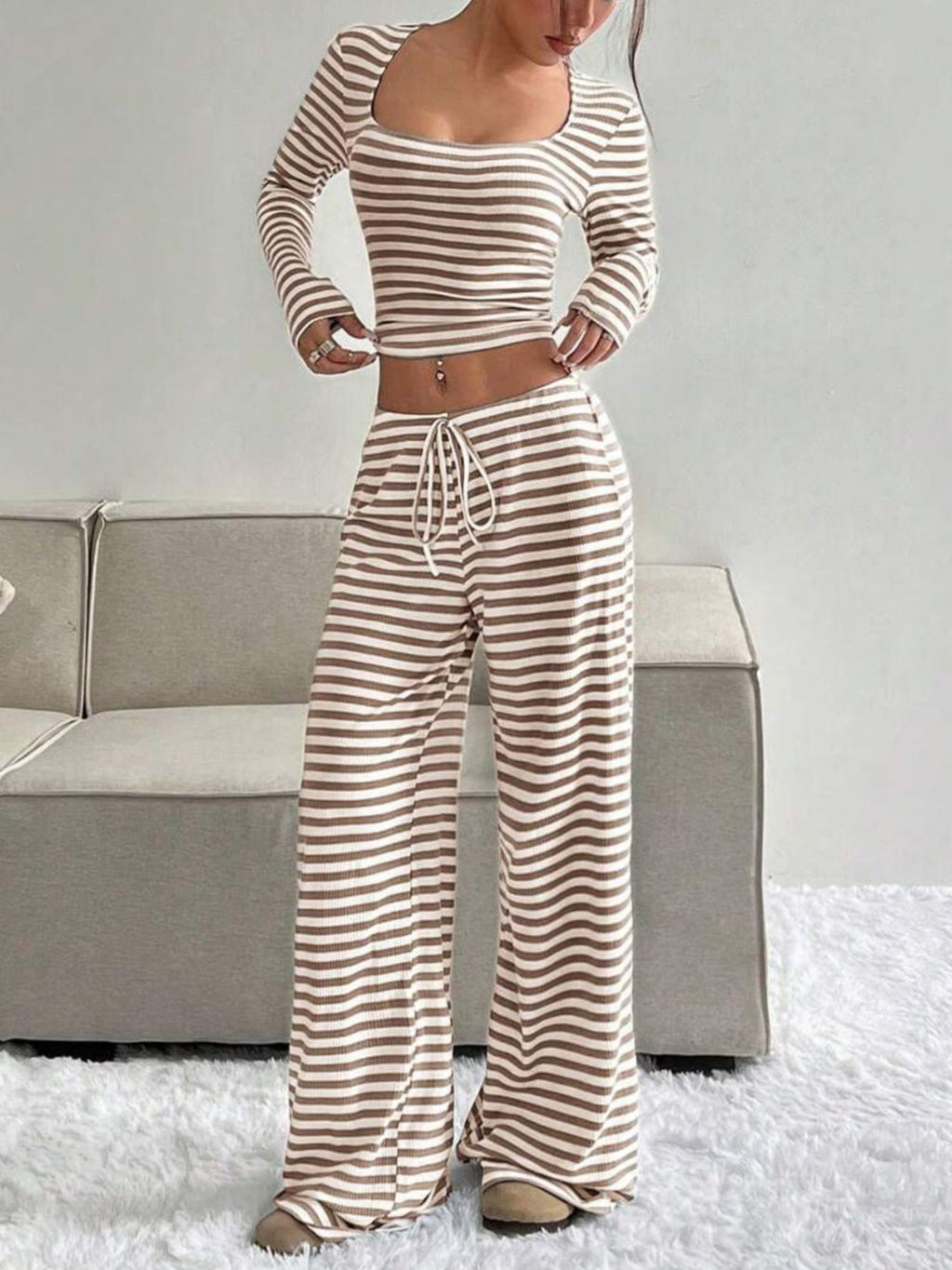 Striped Long Sleeve Crop Top Wide Leg Pants Set (2)