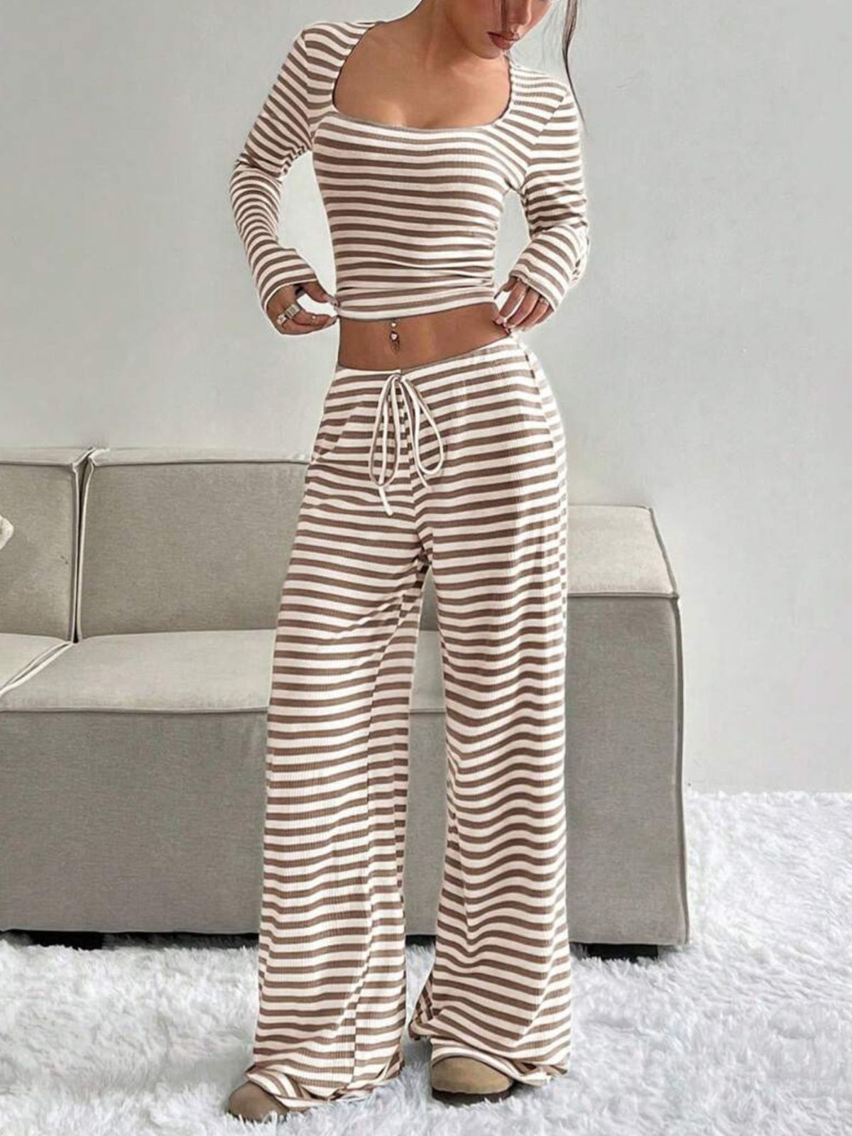 Striped Long Sleeve Crop Top Wide Leg Pants Set (2)