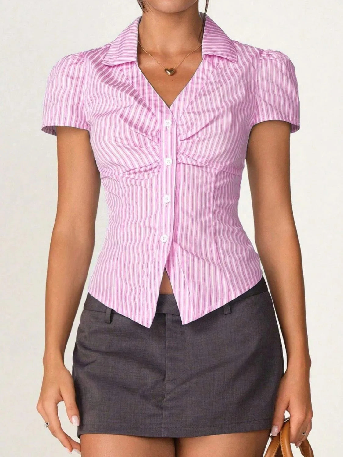 Striped Collared Neck Short Sleeve Shirt (2)