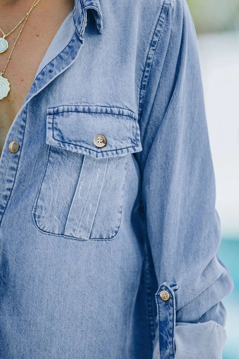 Pocketed Collared Neck Long Sleeve Denim Top (6)
