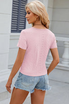 Eyelet Ruched Round Neck Short Sleeve T-shirt (8)