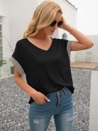 Striped V-neck Short Sleeve T-shirt (3)