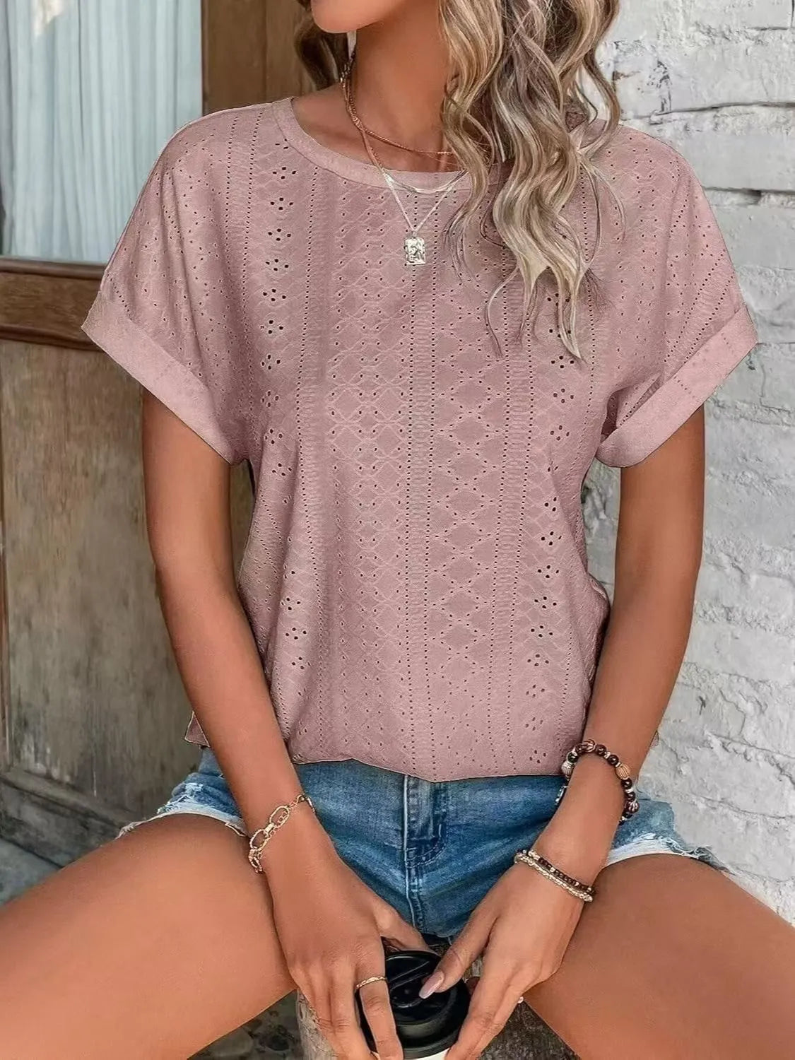 Eyelet Round Neck Short Sleeve Top (19)