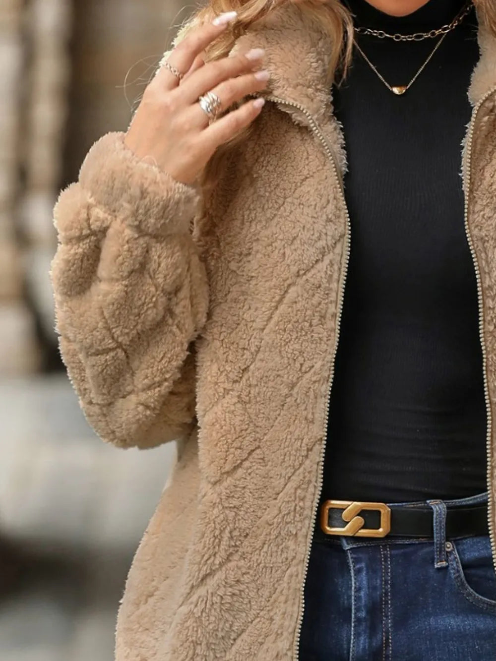 Fuzzy Pocketed Zip Up Jacket (2)