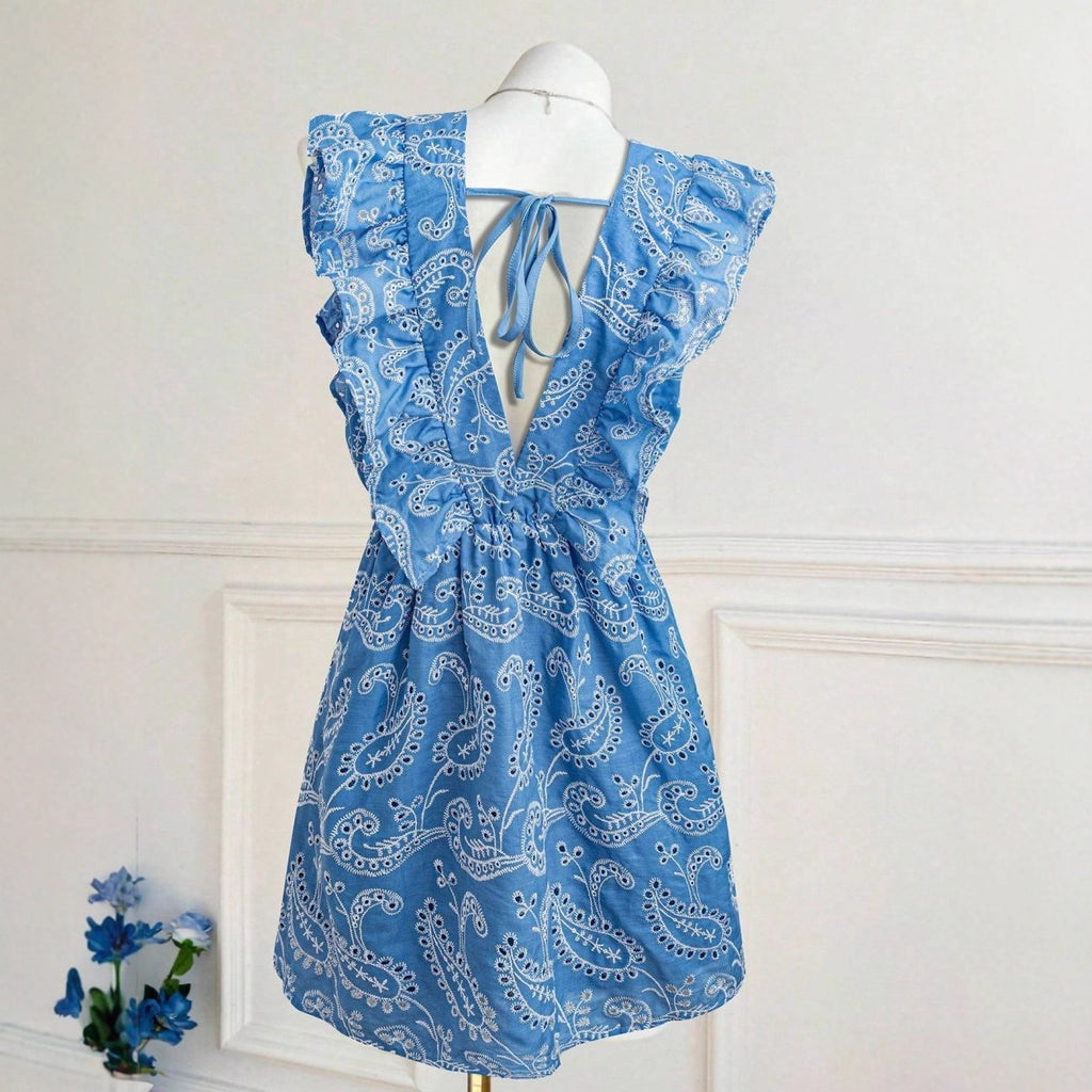 Casual Blue V-neck Embroidered Lace Dress Vacation Leisure photo 1